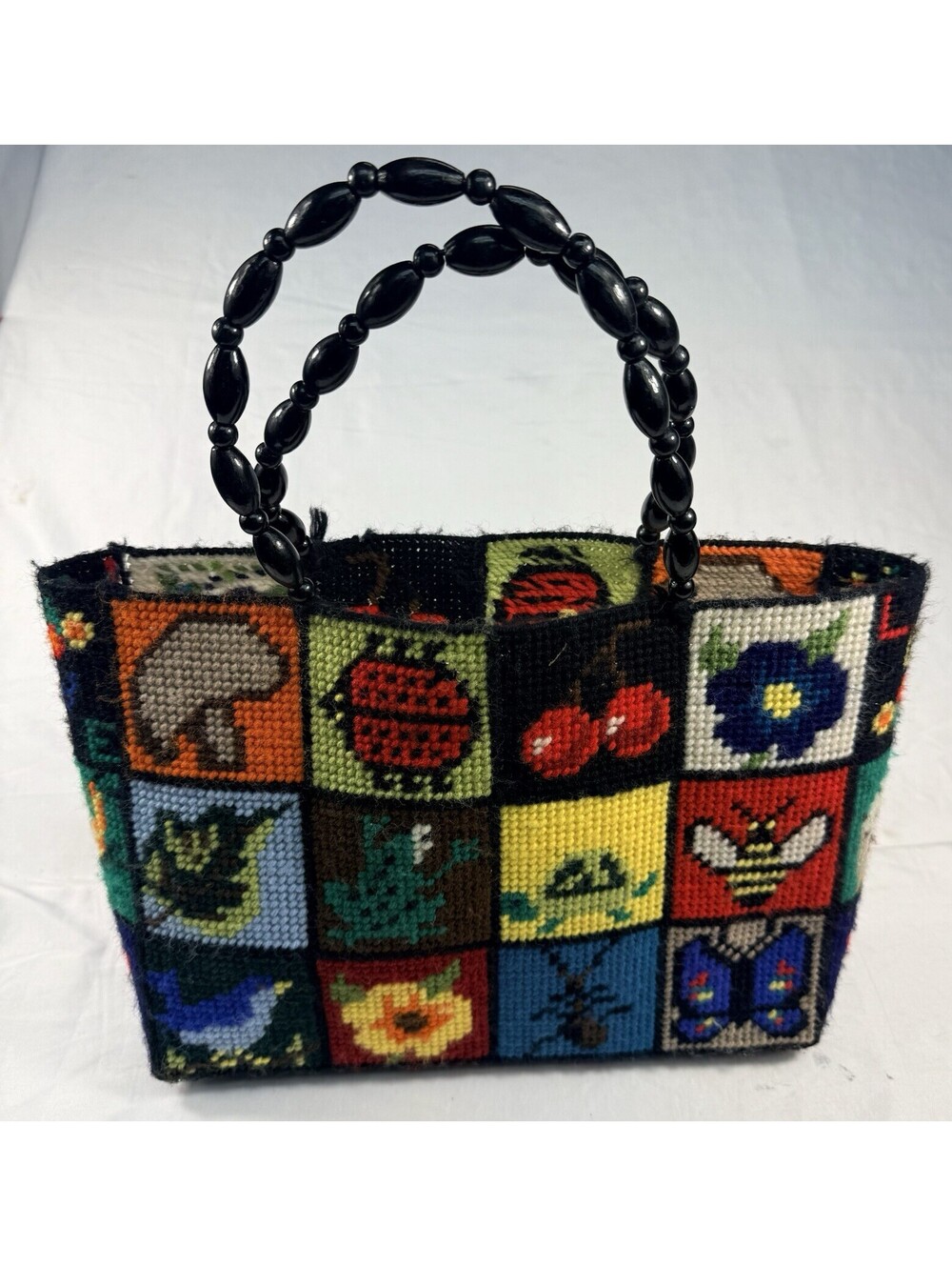 Vintage Needlepoint Tote Purse w/Wood Beaded Black Handles 1970s Ecology